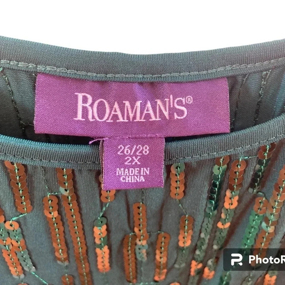 Roman's Hunter Green 2X Knee Length Swing Dress with Sequins around Neckline - Picture 5 of 7